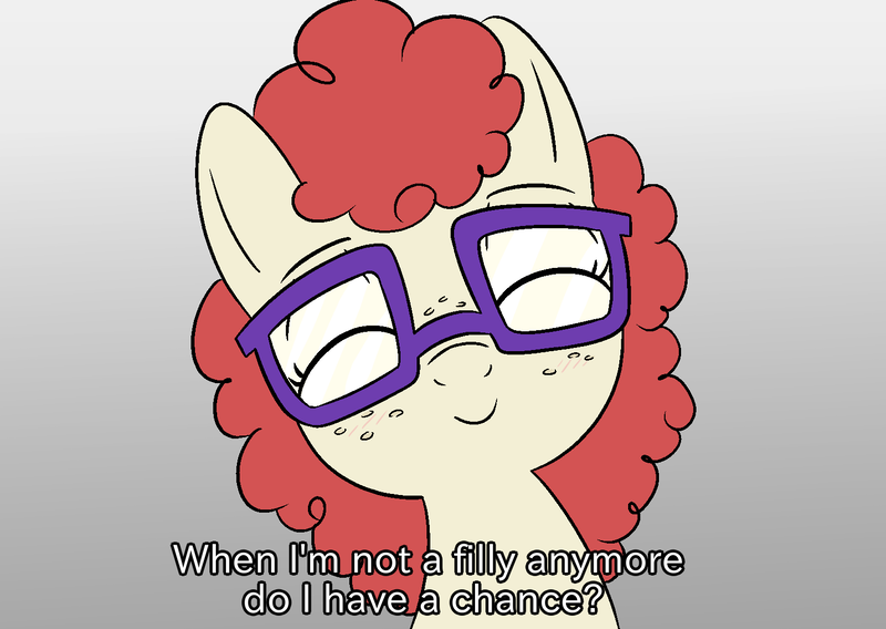 Size: 1522x1080 | Tagged: safe, artist:happy harvey, derpibooru import, twist, ponified, earth pony, pony, bust, cute, dialogue, drawn on phone, drawthread, eyes closed, female, filly, foal, freckles, glasses, gradient background, image, looking at you, png, smiling, smiling at you, solo, talking to viewer