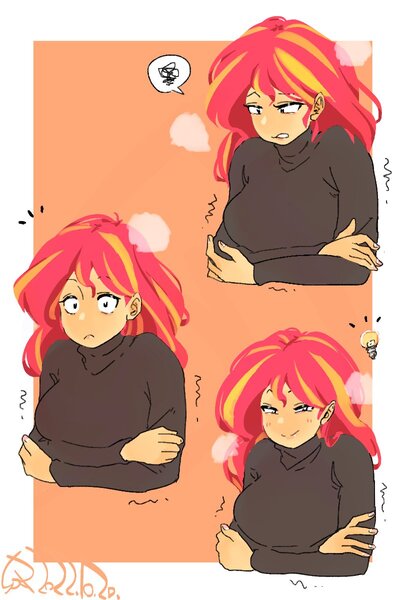 Size: 800x1200 | Tagged: safe, artist:sozglitch, derpibooru import, sunset shimmer, human, equestria girls, big breasts, breasts, busty sunset shimmer, clothes, cold, comic, crossed arms, emanata, female, idea, image, jpeg, lightbulb, pictogram, shivering, smiling, sweater