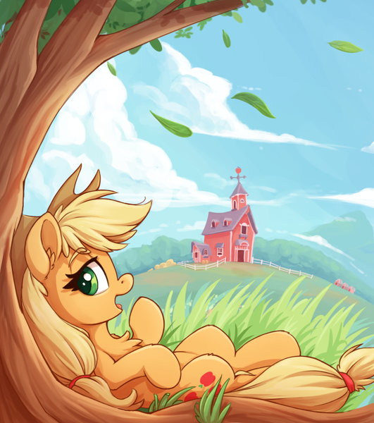 Size: 1080x1220 | Tagged: safe, alternate version, artist:zeepheru_pone, derpibooru import, applejack, earth pony, pony, applejack's hat, cloud, cowboy hat, ear fluff, falling leaves, female, full body, grass, hat, image, leaves, looking at you, lying down, mare, mountain, on back, png, solo, sweet apple acres, sweet apple acres barn, tree