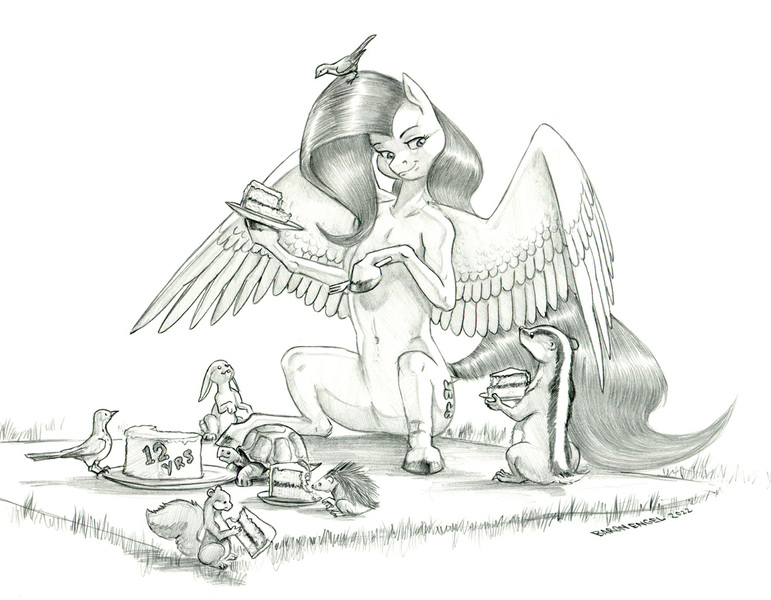 Size: 1500x1168 | Tagged: safe, artist:baron engel, derpibooru import, fluttershy, bird, pegasus, pony, rabbit, squirrel, turtle, animal, cake, female, food, image, jpeg, mare, monochrome, pencil drawing, traditional art