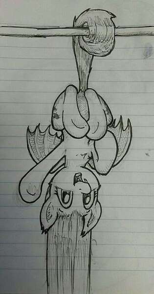 Size: 672x1280 | Tagged: safe, artist:whiskeypanda, derpibooru import, fluttershy, bat pony, bat ponified, doodle, flutterbat, hanging, hanging by tail, hanging upside down, happy, image, ink, ink drawing, jpeg, lined paper, looking at you, open mouth, race swap, traditional art, upside down, waving, waving at you