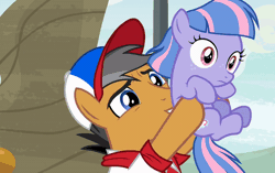 Size: 800x502 | Tagged: safe, derpibooru import, screencap, clear sky, quibble pants, wind sprint, earth pony, pegasus, pony, unicorn, common ground, animated, baseball cap, cap, clothes, female, filly, foal, freckles, gif, hat, image, lifting, male, mare, piggyback ride, shirt, stallion, talking, unamused, wind sprint is not amused