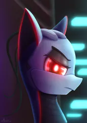 Size: 2266x3206 | Tagged: safe, artist:harukiicat, derpibooru import, oc, oc:xr-47 primax, unofficial characters only, pony, robot, robot pony, antenna, background, bust, digital art, futuristic, gift art, glow, glowing eyes, image, looking at you, png, portrait, red eyes, serious, serious face, simple background, solo