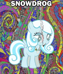 Size: 600x700 | Tagged: safe, artist:mlpfbismagic, derpibooru import, oc, oc:snowdrop, unofficial characters only, pegasus, pony, abstract background, blind, bloodshot eyes, caption, deep fried meme, drugs, female, filly, foal, image, joint, jpeg, mare, marijuana, meme, pun, smoking, solo, spanish, text