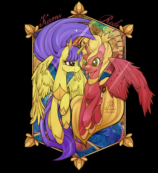 Size: 1920x2102 | Tagged: safe, artist:redi, derpibooru import, oc, oc:redi, unofficial characters only, alicorn, pony, :p, armor, breastplate, crown, duo, female, flying, freckles, hoof shoes, image, jewelry, jpeg, mare, regalia, tongue out