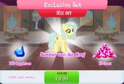 Size: 1267x856 | Tagged: safe, derpibooru import, idw, official, summer van der hoof, earth pony, pony, blue mane, blue tail, bundle, costs real money, english, female, gameloft, gem, idw showified, image, jpeg, mare, numbers, sale, solo, solo focus, tail, text, yellow coat, yellow fur