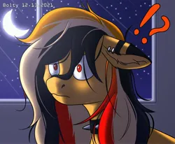 Size: 3728x3068 | Tagged: safe, artist:lightning bolty, derpibooru import, oc, oc:lightning bolty, pegasus, pony, backlighting, choker, collar, colored, crescent moon, cute, ear fluff, ear piercing, earring, exclamation point, floppy ears, frown, image, indoors, jewelry, jpeg, lighting, long mane, long mane male, looking forward, male, messy mane, moon, moonlight, night, pegasus oc, piercing, question mark, red eyes, shading, signature, solo, spiked choker, spiked collar, stallion, starry night, stars, striped mane, surprised, surprised face, window, wings, yellow, yellow coat