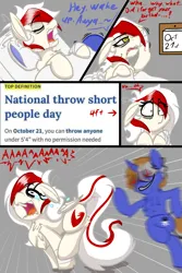 Size: 2000x3000 | Tagged: safe, artist:aryn, derpibooru import, oc, oc:arya, oc:axtus, pegasus, pony, unicorn, crying, female, image, male, mare, meme, png, running, screaming, sleeping, stallion, waking up