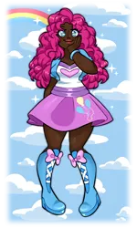 Size: 1200x2000 | Tagged: safe, artist:pompomamy, derpibooru import, pinkie pie, human, boots, bracelet, clothes, cloud, cute, dark skin, diapinkes, female, heart, heart eyes, humanized, image, jewelry, lipstick, makeup, png, rainbow, shirt, shoes, skirt, sky, solo, vest, wingding eyes