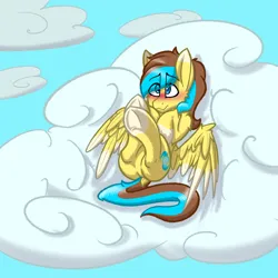 Size: 3000x3000 | Tagged: safe, artist:aryn, derpibooru import, oc, oc:okopod, pegasus, pony, blushing, cloud, crossed hooves, hooves to the chest, image, lying down, png, sky, solo