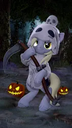 Size: 2160x3840 | Tagged: safe, artist:owlpirate, derpibooru import, derpy hooves, pegasus, pony, 3d, 4k, bipedal, clothes, costume, female, halloween, halloween costume, high res, holiday, hoof hold, image, jack-o-lantern, looking at you, mare, png, pumpkin, scythe, smiling, smiling at you, solo, source filmmaker, unshorn fetlocks