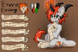 Size: 3000x2000 | Tagged: safe, artist:aryn, derpibooru import, oc, oc:exuro firesong, dracony, dragon, hybrid, claws, fire, horn, image, leonine tail, multiple horns, png, reference sheet, scales, slit pupils, smiling, solo, tail