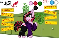 Size: 2052x1352 | Tagged: safe, artist:aryn, derpibooru import, oc, oc:crimson quill, pony, unicorn, clothes, hoodie, image, lockers, magic, png, reference sheet, school, smiling, socks, solo, stockings, thigh highs