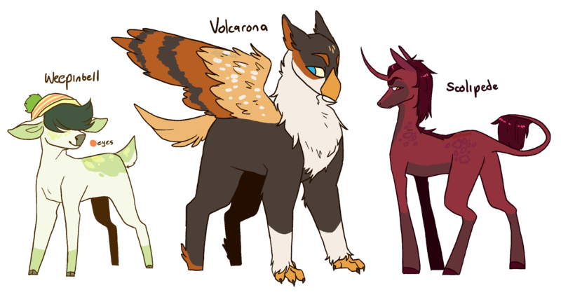 Size: 2718x1441 | Tagged: safe, artist:eggoatt, oc, ponified, classical unicorn, deer, hippogriff, pony, scolipede, unicorn, volcarona, weepinbell, adoptable, beanie, cloven hooves, deerified, hair over eyes, hat, hippogriffied, image, leonine tail, looking back, png, pokémon, simple background, species swap, transparent background, unshorn fetlocks