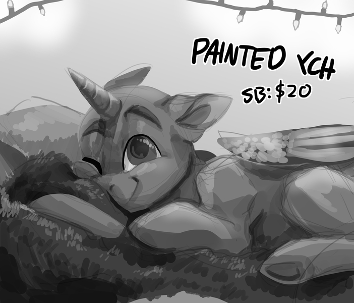 Size: 2000x1710 | Tagged: safe, artist:eggoatt, alicorn, pony, any gender, any race, blanket, commission, eyebrows, image, jpeg, lights, looking at you, looking up, lying down, monochrome, one eye closed, sketch, smiling, solo, wings, wink, ych sketch, your character here
