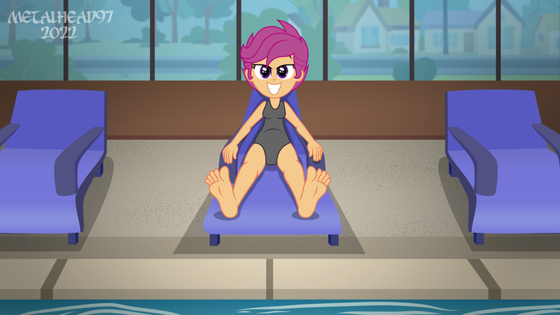 Size: 8000x4500 | Tagged: safe, artist:metalhead97, derpibooru import, scootaloo, equestria girls, equestria girls series, chair, clothes, cute, cutealoo, image, indoors, looking at you, png, reclining, show accurate, smiling, smiling at you, swimming pool, swimsuit