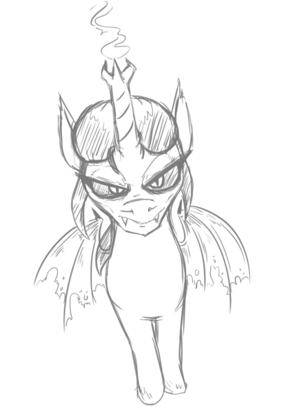 Size: 458x667 | Tagged: safe, artist:jargon scott, derpibooru import, oc, unofficial characters only, alicorn, demon, demon pony, original species, pony, bat wings, fangs, female, glare, grayscale, image, looking at you, mare, monochrome, png, simple background, solo, white background, wings