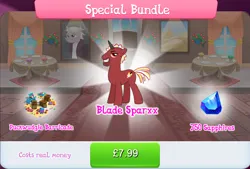 Size: 1270x856 | Tagged: safe, derpibooru import, idw, official, applejack, blade sparxx, pony, unicorn, barricade, bundle, cart, costs real money, cupcake, english, food, gameloft, horn, idw showified, image, jpeg, male, numbers, pillow, red coat, red fur, sale, short mane, short tail, solo, solo focus, stallion, stubble, tail, text, wheel, yellow mane, yellow tail