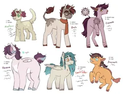 Size: 2615x2000 | Tagged: safe, artist:eggoatt, oc, oc:anemone, oc:birch, oc:creosote, oc:havana, oc:mossflower, oc:sand dollar, unofficial characters only, classical unicorn, merpony, pony, unicorn, :3, :i, adoptable, beard, cat tail, clothes, cloven hooves, ear piercing, earring, facial hair, female, flower, freckles, gills, glasses, hair over eyes, image, jewelry, leonine tail, male, mare, messy mane, piercing, pigtails, png, scarf, sharp teeth, simple background, stallion, teeth, unshorn fetlocks, white background