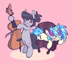 Size: 979x856 | Tagged: safe, artist:fluttershyes, derpibooru import, octavia melody, vinyl scratch, earth pony, pony, unicorn, alternate hairstyle, bipedal, cello, couch, cute, duo, duo female, eyes closed, female, hoof hold, image, mare, musical instrument, one eye closed, pink background, png, simple background, smiling, tavibetes, vinylbetes, wink