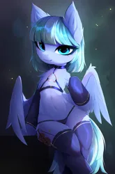 Size: 2247x3412 | Tagged: suggestive, artist:magnaluna, derpibooru import, oc, unofficial characters only, pegasus, semi-anthro, chest fluff, choker, clothes, detached sleeves, female, image, jpeg, looking at you, panties, smiling, smiling at you, socks, solo, solo female, stockings, thigh highs, underwear