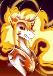 Size: 2400x3400 | Tagged: safe, artist:sleepydemon18, derpibooru import, daybreaker, alicorn, pony, angry, bust, female, helmet, image, jpeg, mane of fire, mare, peytral, portrait, scowl, signature, solo