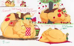 Size: 10127x6417 | Tagged: suggestive, artist:white-eyed vireo, derpibooru import, apple bloom, applejack, trenderhoof, earth pony, pony, apple, apple tree, applebutt, applefat, belly, belly on floor, big belly, butt, dialogue, fat, fat fetish, female, fetish, filly, foal, food, huge belly, image, jpeg, mare, morbidly obese, obese, plot, sweet apple acres, the ass was fat, tree