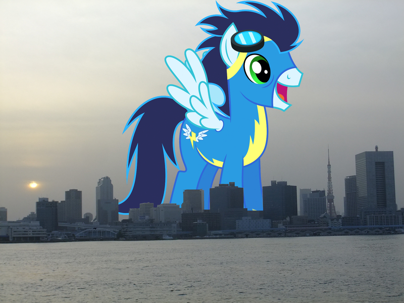 Size: 2592x1944 | Tagged: safe, artist:dashiesparkle, artist:jaredking779, derpibooru import, soarin', pegasus, pony, clothes, giant pegasus, giant pony, goggles, high res, highrise ponies, image, irl, japan, jpeg, macro, male, mega giant, open mouth, photo, ponies in real life, smiling, solo, spread wings, stallion, tokyo, uniform, wings, wonderbolts uniform