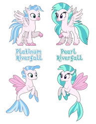 Size: 3637x4713 | Tagged: source needed, safe, anonymous artist, derpibooru import, oc, oc:pearl riverfall, oc:platinum riverfall, unofficial characters only, hippogriff, seapony (g4), absurd resolution, beak, brother, brother and sister, claws, closed mouth, eyelashes, eyes open, family, female, fins, hooves, image, implied incest, incest, looking at each other, looking at someone, male, name, nostrils, offspring, parent:silverstream, parent:terramar, parents:hippocest, parents:terrastream, png, product of incest, siblings, simple background, sister, spread wings, standing, text, transparent background, twins, wings