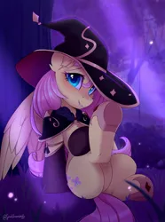 Size: 1522x2048 | Tagged: safe, artist:sonigiraldo, derpibooru import, fluttershy, pegasus, pony, chest fluff, clothes, costume, ear fluff, forest, forest background, halloween, halloween costume, hat, holiday, image, jpeg, raised hoof, sitting, smiling, socks, tree, witch costume, witch hat