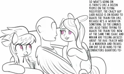 Size: 1350x810 | Tagged: safe, artist:cosmonaut, derpibooru import, cloudchaser, flitter, oc, oc:anon, human, pegasus, pony, black and white, couch, dialogue, female, food, grayscale, image, jpeg, male, mare, monochrome, partial color, pocky, simple background, sitting, trio, white background