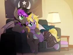 Size: 1600x1200 | Tagged: safe, artist:willoillo, derpibooru import, oc, oc:candlelight sonata, oc:willowisp, bat pony, unicorn, couch, cute, female, image, jpeg, lesbian, new lunar republic, shipping