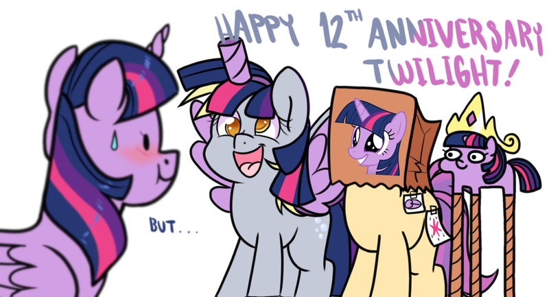 Size: 1269x687 | Tagged: safe, artist:paperbagpony, derpibooru import, derpy hooves, twilight sparkle, twilight sparkle (alicorn), oc, oc:paper bag, alicorn, mlp fim's twelfth anniversary, alicorn costume, clothes, costume, fake cutie mark, fake horn, fake wings, image, nightmare night costume, png, simple background, squatpony, stilts, sweat, sweatdrop, toilet paper roll, toilet paper roll horn, twiggie, twilight muffins, white background, wig