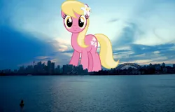 Size: 2048x1311 | Tagged: safe, derpibooru import, lily, lily valley, earth pony, pony, australia, background pony, female, flower, flower in hair, giant pony, giant/macro earth pony, giantess, highrise ponies, image, irl, jpeg, lily (flower), looking at you, macro, mega giant, photo, ponies in real life, smiling, solo, sydney