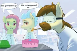 Size: 1800x1200 | Tagged: safe, artist:escapist, derpibooru import, oc, oc:calpain, pony, birthday, cake, candle, clothes, fire, food, goggles, image, jpeg, lab coat, laboratory, safety goggles, this will end in explosions