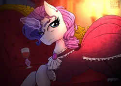 Size: 3077x2175 | Tagged: safe, artist:alicetriestodraw, derpibooru import, rarity, pony, unicorn, alcohol, clothes, couch, crossed hooves, curly hair, derpibooru exclusive, dress, ear piercing, fainting couch, fancy, female, frills, gala dress, gem, glass, high res, horn, image, jewelry, looking at you, lying down, magic, mare, piercing, png, simple background, smiling, smiling at you, telekinesis, watermark, wine, wine glass