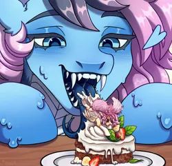 Size: 3420x3300 | Tagged: suggestive, artist:konejo, derpibooru import, pony, cake, commission, fangs, food, heart, image, imminent vore, jpeg, licking, macro/micro, plate, strawberry, tongue out, ych result