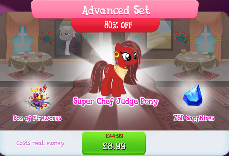 Size: 1268x864 | Tagged: safe, derpibooru import, idw, official, earth pony, pony, brown mane, brown tail, bundle, costs real money, ear piercing, earring, english, female, fireworks, gameloft, idw showified, image, jewelry, jpeg, mare, necklace, nose piercing, numbers, piercing, red coat, red fur, sale, solo, solo focus, super chef judge pony, tail, text