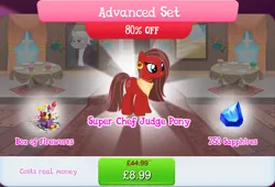 Size: 1268x864 | Tagged: safe, derpibooru import, idw, official, earth pony, pony, brown mane, brown tail, bundle, costs real money, ear piercing, earring, english, female, fireworks, gameloft, idw showified, image, jewelry, jpeg, mare, necklace, nose piercing, numbers, piercing, red coat, red fur, sale, solo, solo focus, super chef judge pony, tail, text