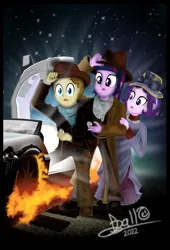 Size: 2593x3823 | Tagged: safe, derpibooru import, starlight glimmer, twilight sparkle, oc, oc:tidmouth milk, human, equestria girls, back to the future, car, delorean, equestria girls-ified, female, high res, humanized, image, male, movie poster, png, trio, vector