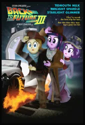 Size: 2593x3823 | Tagged: safe, derpibooru import, starlight glimmer, twilight sparkle, oc, oc:tidmouth milk, human, equestria girls, back to the future, car, delorean, equestria girls-ified, female, high res, humanized, image, male, movie poster, png, trio, vector