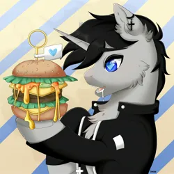 Size: 2480x2480 | Tagged: safe, artist:elberas, derpibooru import, oc, oc:black cross, unicorn, burger, commission, food, image, jpeg, solo, ych result, your character here
