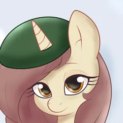 Size: 1024x1024 | Tagged: safe, alternate version, artist:thisponydoesnotexist, derpibooru import, machine learning generated, part of a set, oc, oc:hymyt, unofficial characters only, pony, unicorn, bust, cute, female, hat, image, png, portrait, redraw, simple background, solo