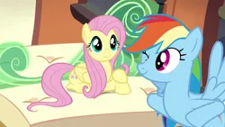 Size: 1280x720 | Tagged: safe, derpibooru import, screencap, fluttershy, rainbow dash, pegasus, pony, season 4, trade ya, cute, dashabetes, duo, female, image, looking at each other, looking at someone, mare, one eye closed, png, shyabetes, wink