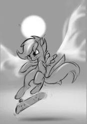 Size: 611x871 | Tagged: safe, artist:applepost67, derpibooru import, scootaloo, pegasus, pony, confident, female, filly, foal, image, monochrome, png, simple background, skateboard, skateboarding, sun