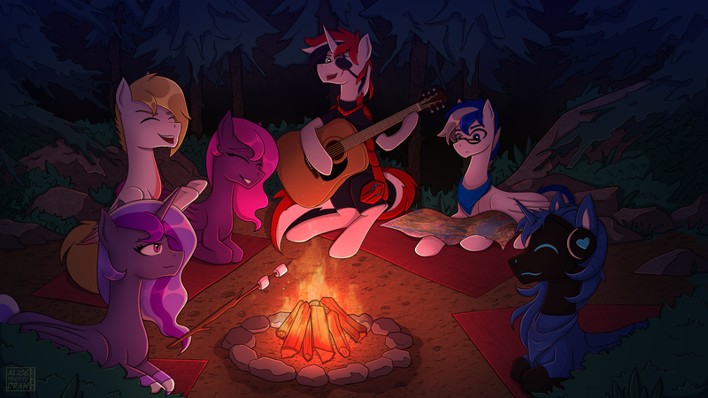 Size: 3840x2160 | Tagged: safe, artist:alicetriestodraw, derpibooru import, oc, unofficial characters only, alicorn, cyborg, pegasus, pony, unicorn, armor, bandana, blanket, boulder, campfire, clothes, commission, cooking, eyepatch, female, fire, food, forest, giggling, glasses, grass, group, guitar, heterochromia, high res, horn, image, laughing, looking at each other, looking at someone, male, map, mare, marshmallow, moss, multicolored hair, musical instrument, night, outdoors, playing instrument, png, protogen, roasted marshmallow, roasting, rock, scar, scarred, sextet, socks, stallion, stick, tree, wings