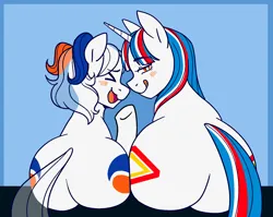 Size: 1913x1525 | Tagged: suggestive, artist:/d/non, derpibooru import, oc, oc:bleachy, oc:tide pod, ponified, unofficial characters only, food pony, original species, pony, unicorn, bedroom eyes, bleach, blue hair, blushing, both cutie marks, butt, butt to butt, butt touch, clorox, female, food, image, laughing, licking, licking lips, mare, png, raised hoof, simple background, the ass was fat, tide pods, tide pony, tongue out, white fur, x3