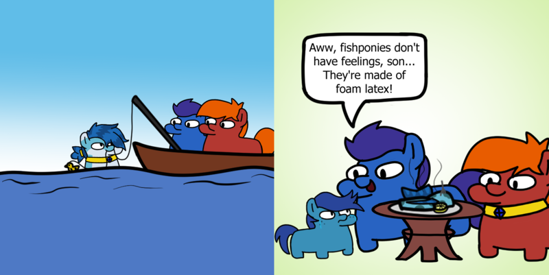 Size: 1436x720 | Tagged: safe, artist:fluttershank, derpibooru import, oc, oc:aqua sapphire, earth pony, merpony, pony, boat, cannibalism, comic, crying, dialogue, fishing, fishing rod, foal, food, image, jewelry, png, seafood, simple background, speech bubble, squatpony, table, the grim adventures of billy and mandy, water