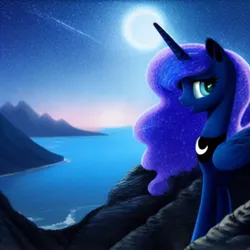 Size: 1024x1024 | Tagged: safe, derpibooru import, editor:dovakkins, machine learning generated, purplesmart.ai, stable diffusion, princess luna, alicorn, pony, beautiful, cliff, cute, female, fog, g4, image, jewelry, looking back, mare, missing accessory, night, ocean, open mouth, open smile, png, shooting star, smiling, solo, water