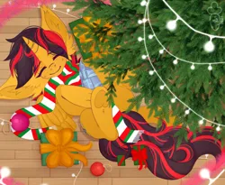 Size: 1280x1050 | Tagged: safe, derpibooru import, oc, unofficial characters only, alicorn, pony, robot, robot pony, 2021, 2022, amputee, christmas, christmas lights, christmas tree, clothes, cute, eyes closed, floor, happy new year, holiday, hooves, image, lying down, male, nap, new year, new years eve, paws, png, present, prosthetic leg, prosthetic limb, prosthetics, raised hoof, scarf, sleeping, solo, tree, yellow mane
